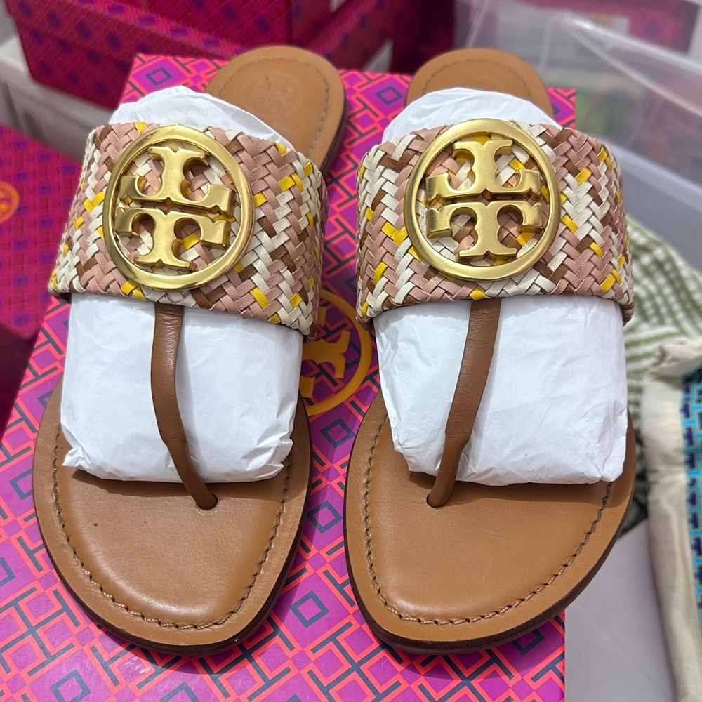 Tory Burch Multicolor Woven Leather Thong Sandal with Gold Logo